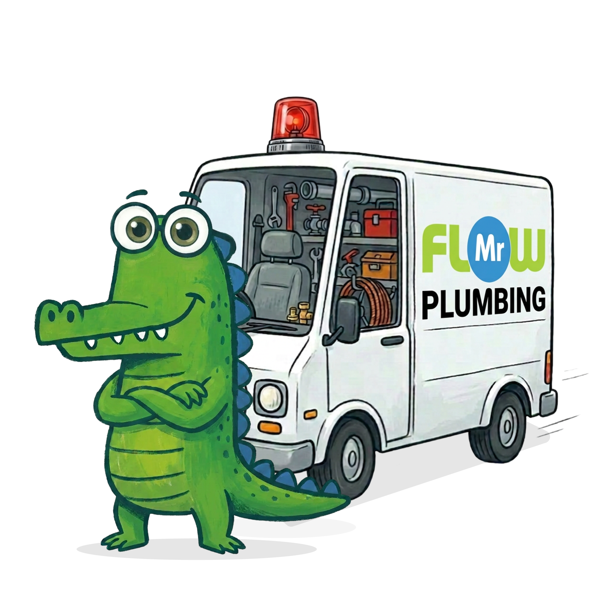 Mr Flow crocodile mascot responding to a plumbing emergency